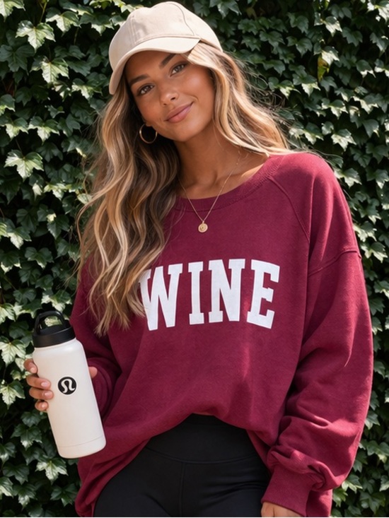 78&Sunny Tops - 78 & SUNNY Burgundy "Wine" Graphic Logo Lightweight Sweatshirt, 1X